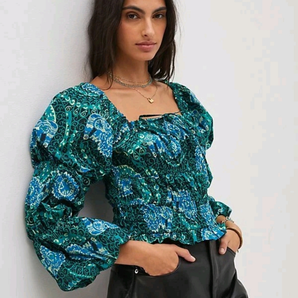 Anthropologie Porridge Blue Puff‎ Sleeve Tiered Popplin Blouse Women's Medium